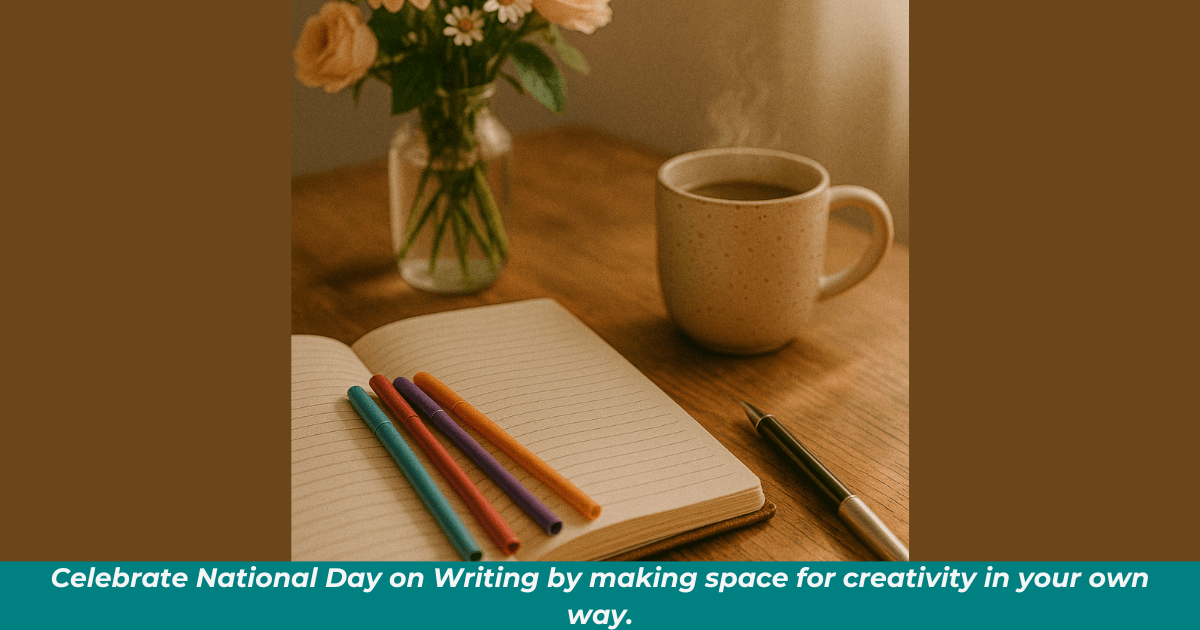 A cozy desk scene featuring an open notebook surrounded by colorful pens, a steaming mug, and a vase of fresh flowers in soft morning light. 