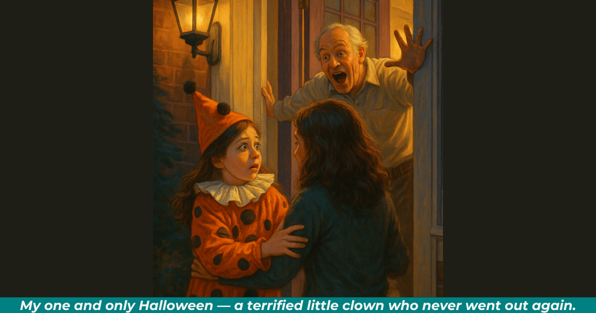 A frightened little girl dressed as a clown hides behind her cousin during Halloween. 