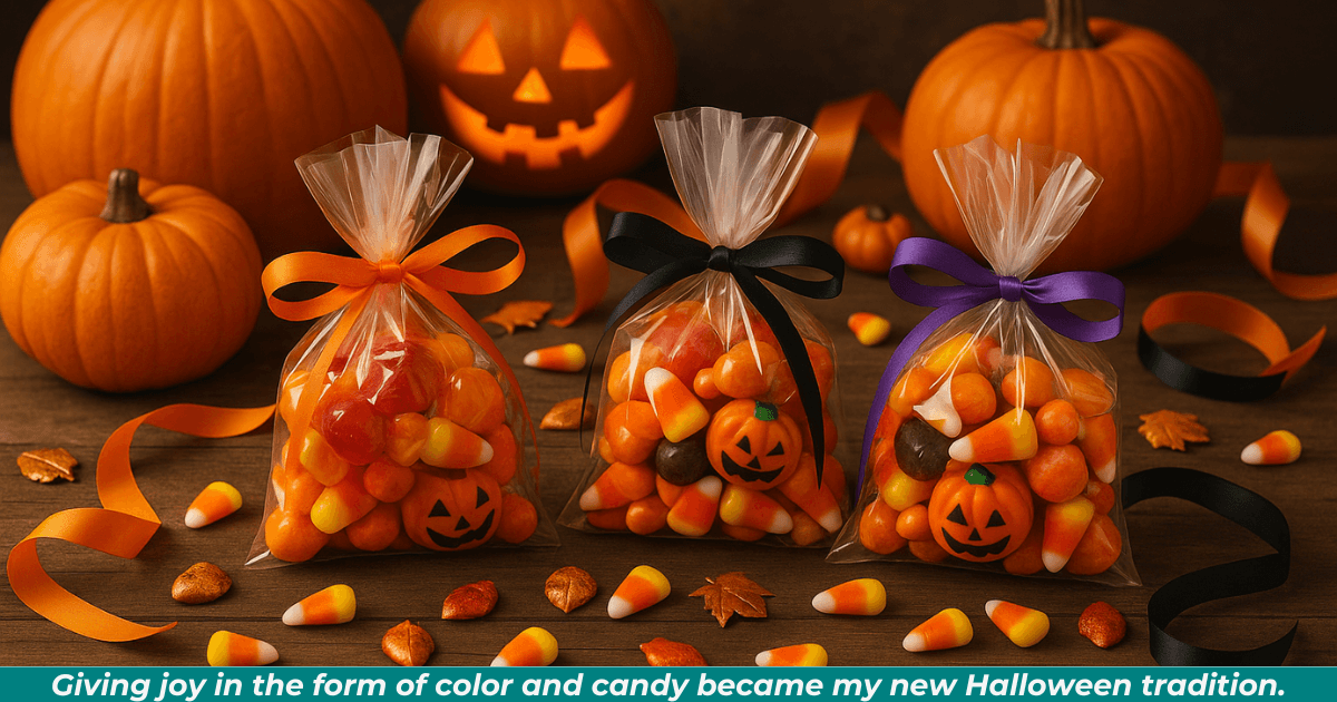 Candy-filled Halloween bags with ribbons and decorations on a cozy table.