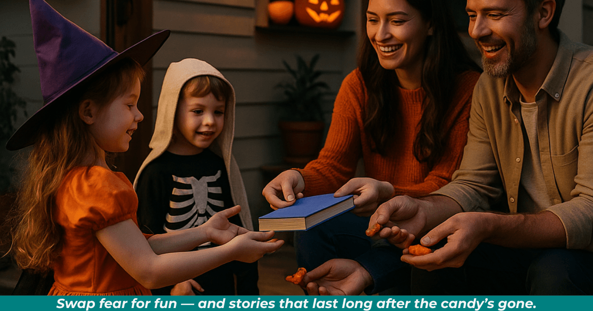 Adults handing out books and candy to costumed children on Halloween night.