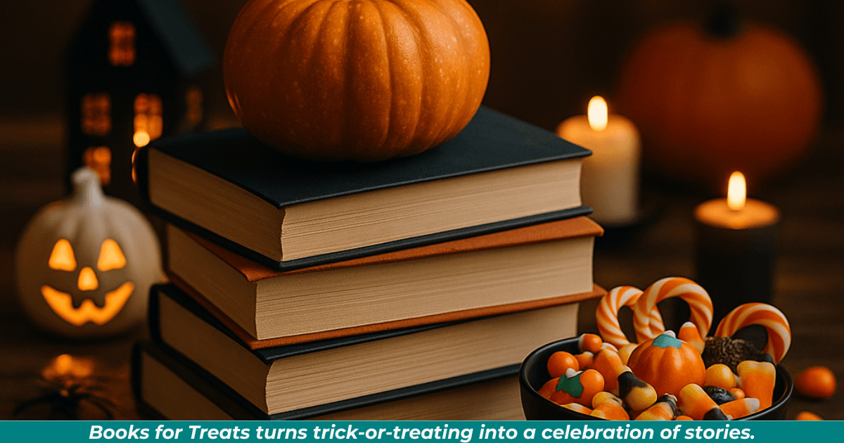 A cozy Halloween table display with books, candy, and small decorations under soft candlelight. 