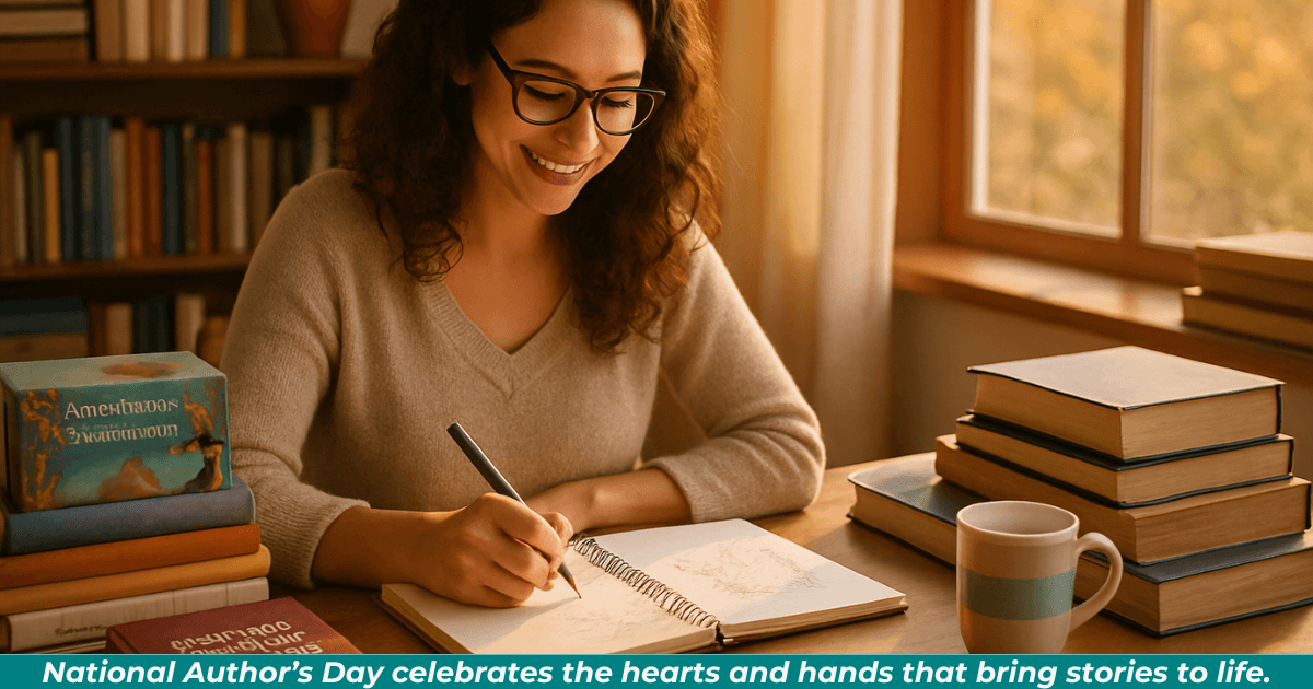 Authoress writing at a desk with coffee and autumn light.