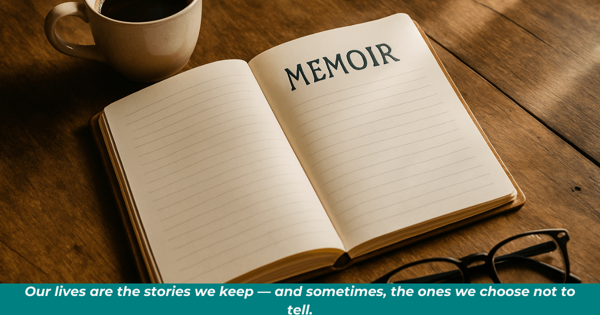 An open journal with the word "Memoir" written in all caps. Above it, a cup of coffee. Below it, a folded pair of reading glasses.