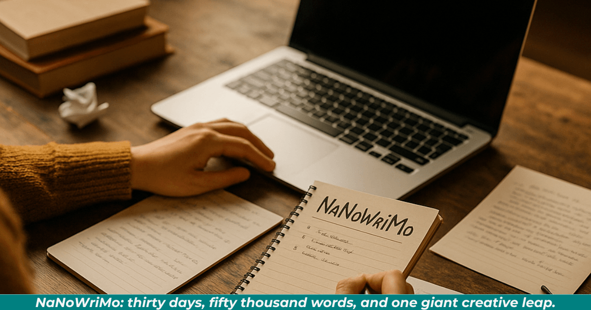 A writer participating in NaNoWriMo. In his hand is a tablet that says, "NaNoWriMo." There are papers and notepads all around him. An opened laptop in front on the desk, and closed books on the left.
