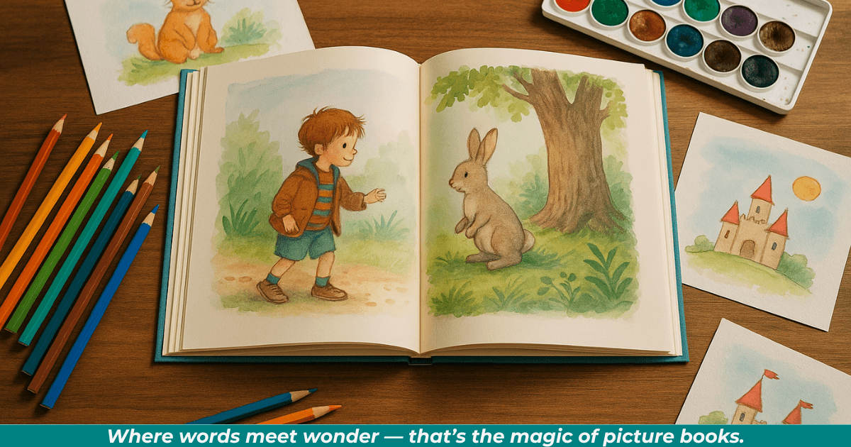 Colorful picture book open on desk to a two-page picture of a boy and a rabbit. All around the book are art supplies (pencils and paint) and loose colored pages of a cat and castle.
