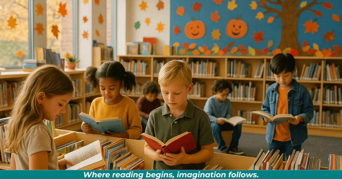 Children browsing shelves and reading in a cheerful school library decorated for autumn.
