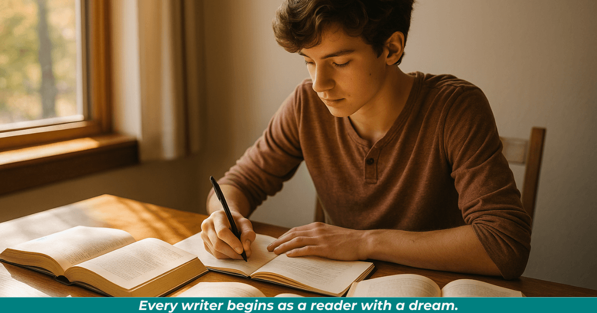 Teen boy writing in a notebook at a wooden desk with open books and sunlight pouring across the pages. 