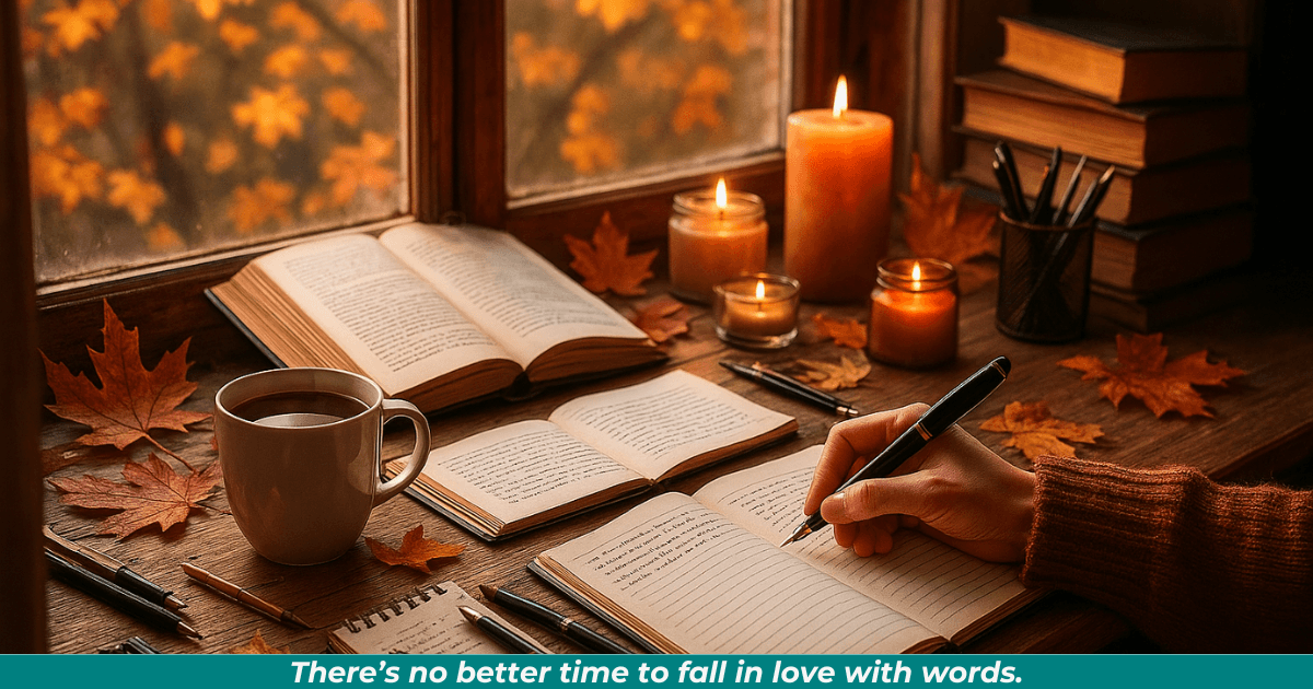 Rustic writing desk beside a window, open notebook, steaming coffee, and golden leaves glowing outside.