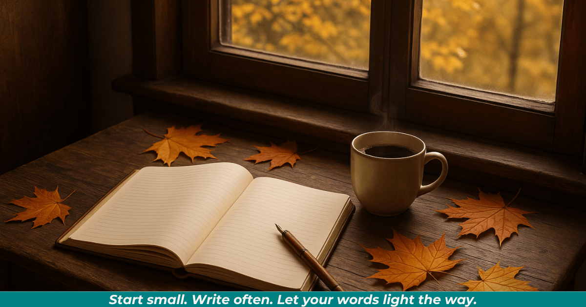 Writer’s hand hovering above an open journal surrounded by pens, books, and softly glowing candles.