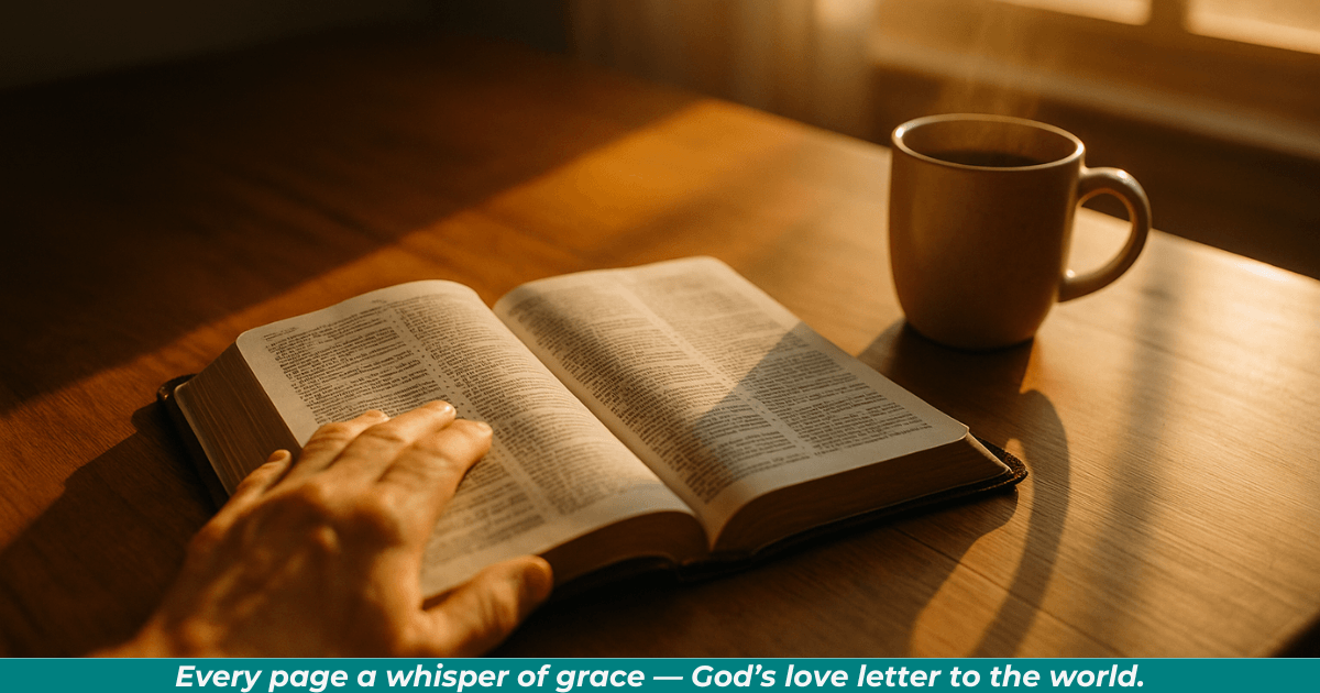 Open Bible on wooden desk with sunlight and coffee mug.