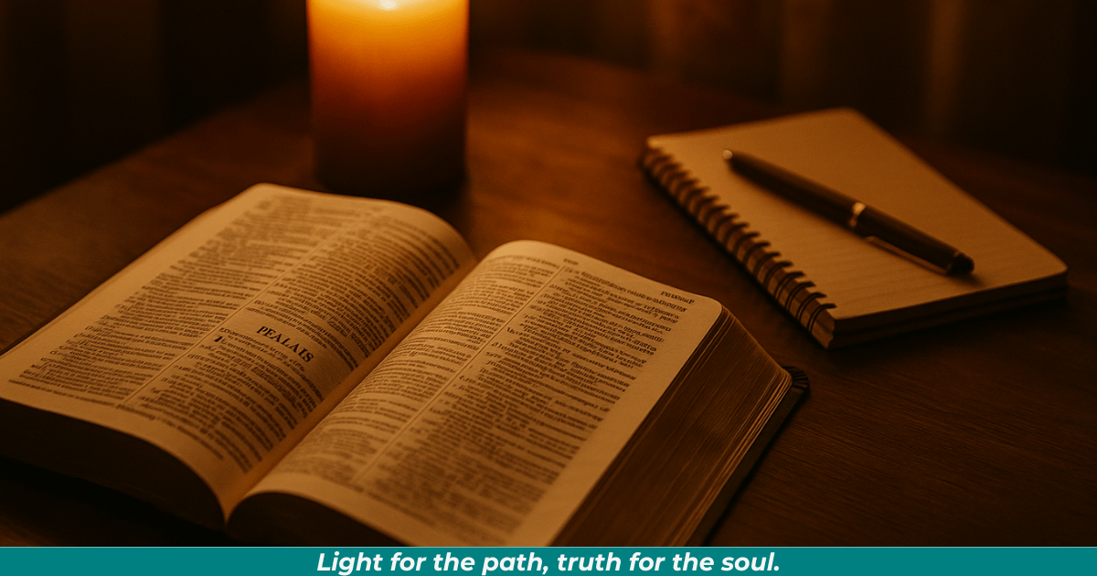 Open Bible beside candle and journal in warm autumn tones.