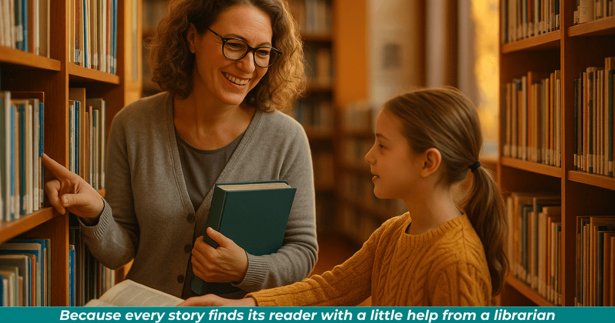 Librarian assisting a child in a cozy library with autumn light.