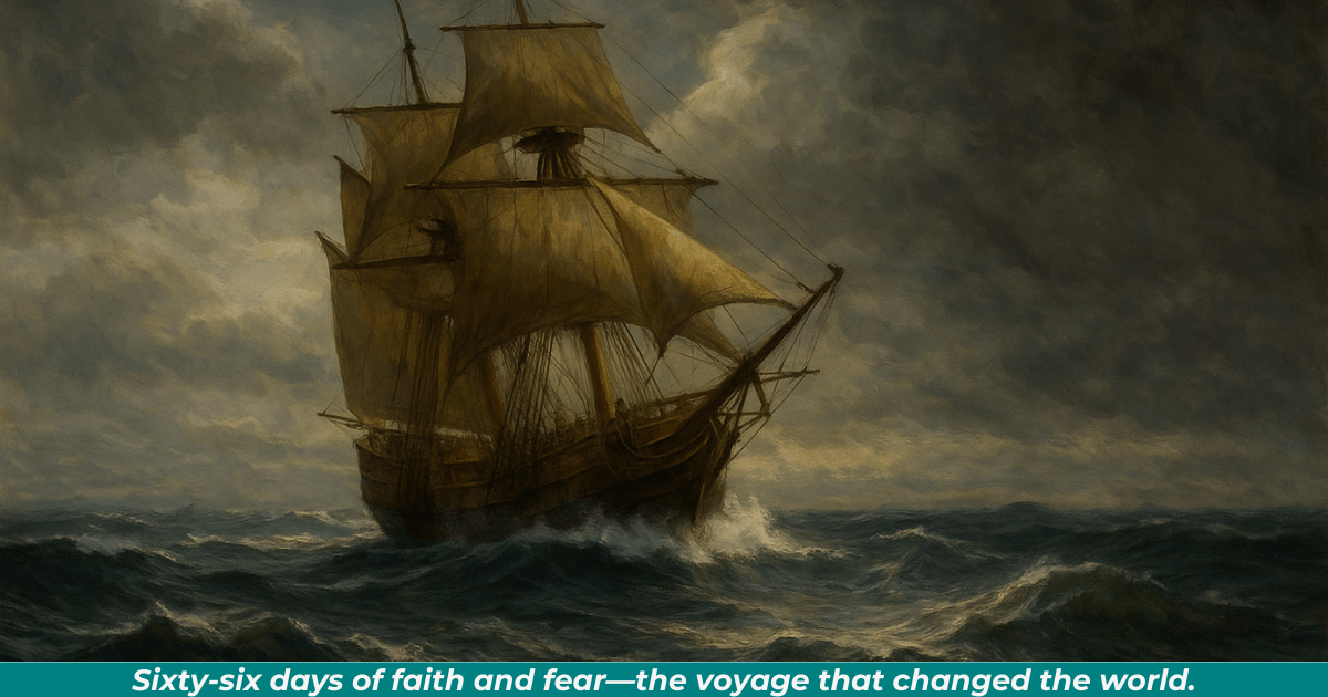 The Mayflower sailing through rough Atlantic waters on its voyage to America.