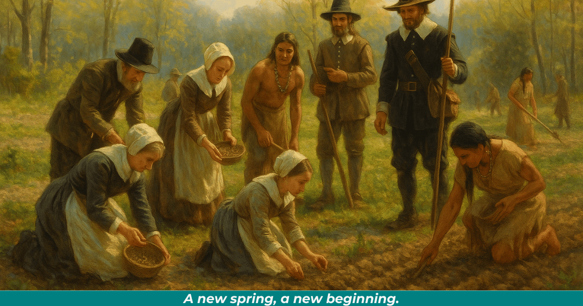 Pilgrims and Native Wampanoags planting crops in a sunlit clearing after a harsh winter.
