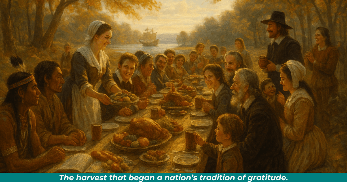 Pilgrims and Wampanoag gathered around long wooden tables celebrating the first Thanksgiving with food and laughter.