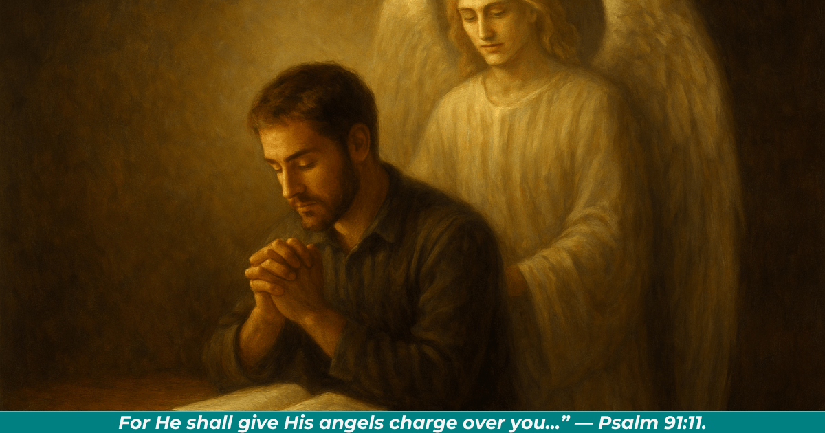Feathered wings glowing softly as an angel watches over a Believer in prayer.