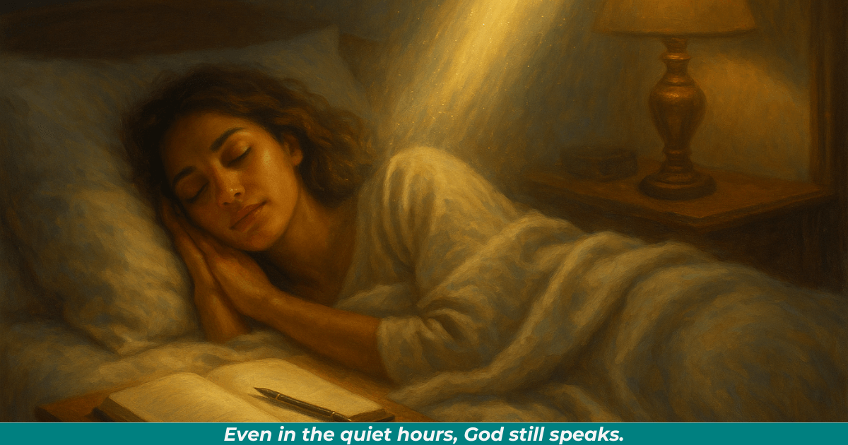 A woman dreaming while soft light and symbolic imagery hint at God speaking through dreams, illuminating both the dreamer and the open journal and pen on the bed. 