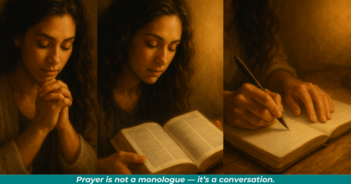 A young woman prays, reads her Bible, and journals in a single warm, softly glowing composition, symbolizing listening to God, studying His Word, and responding through writing. 