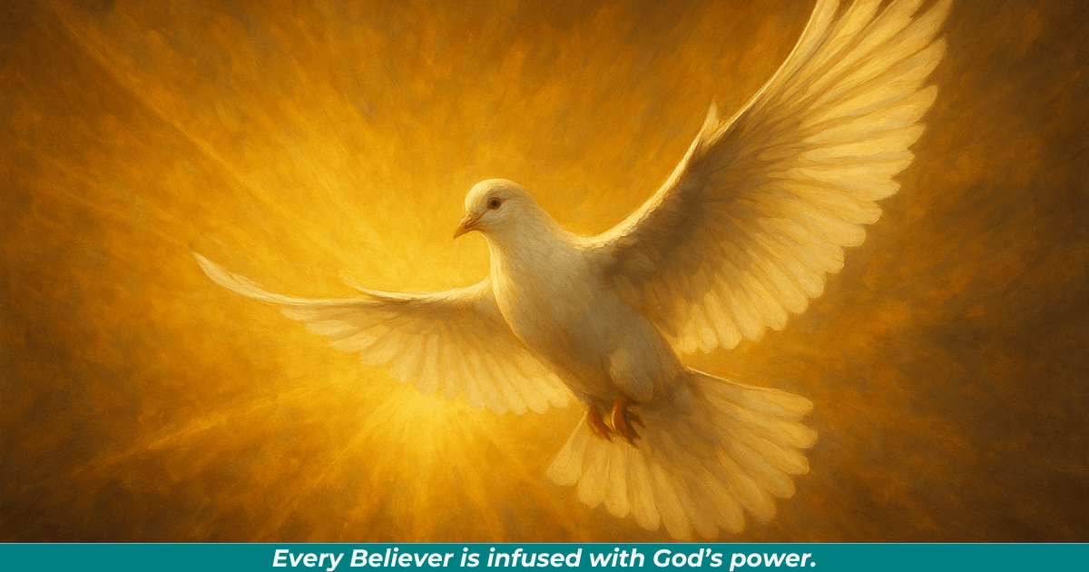 White dove flying through warm sunlight, symbolizing the Holy Spirit’s empowering presence.