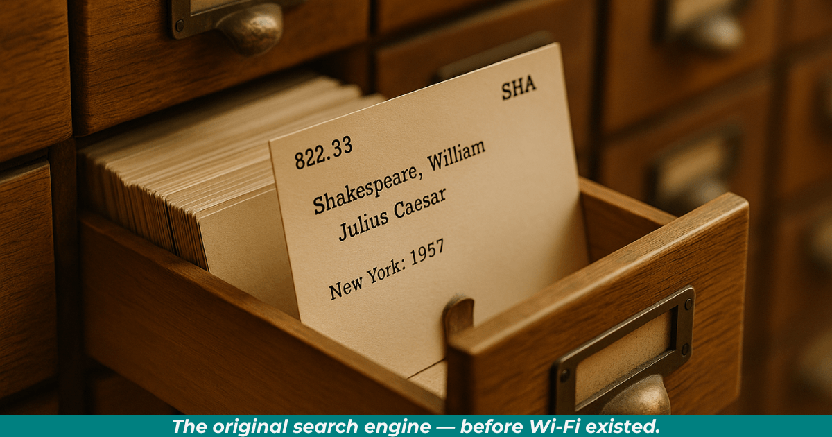 Vintage card catalog drawer pulled open with a catalog card reading “822.33 — Shakespeare, William — Julius Caesar (SHA),” showing an authentic Dewey call number format.