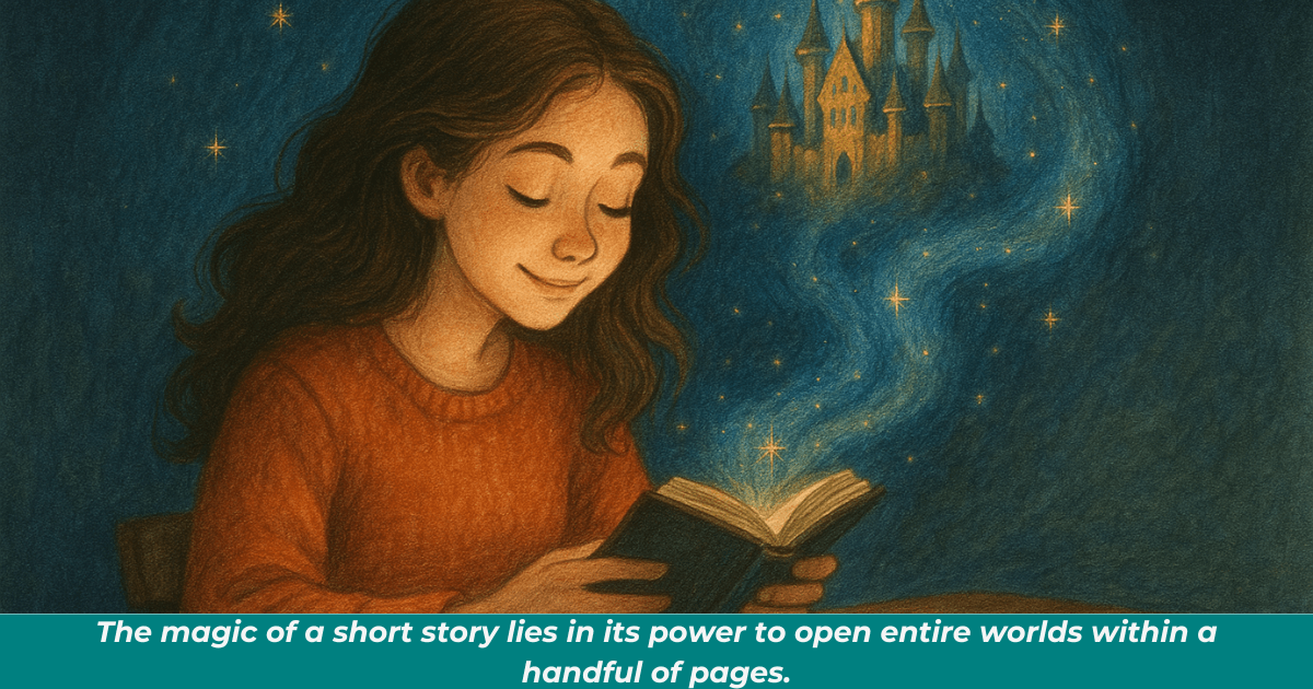 An illustration of a little girl reading a short story, a magical glow swirling off the page and encapsulating a fairy tale castle.