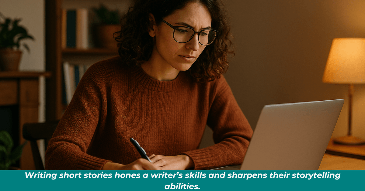 A woman with short brown hair and wearing glasses sits at her desk before her laptop as she takes notes in a tablet to create a short story.