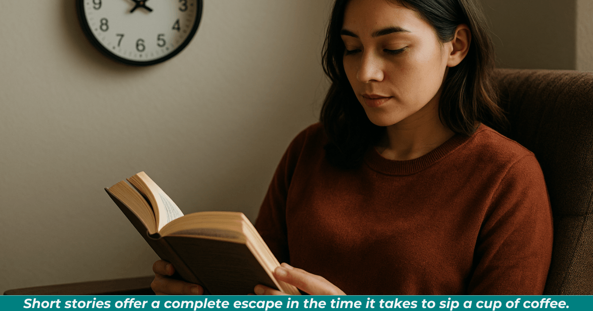 A woman with short hair, in a red blouse, sits in a chair, a book of short stories in her hand. Behind her on the wall is a clock that symbolizes the length of time it takes to read a short story.