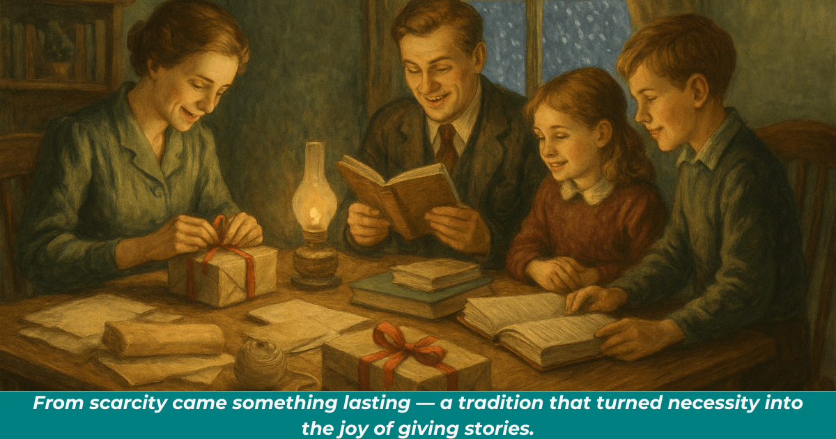 Icelandic family in the 1940s wrapping books as gifts while snow falls outside, symbolizing the origins of the Christmas Book Flood.