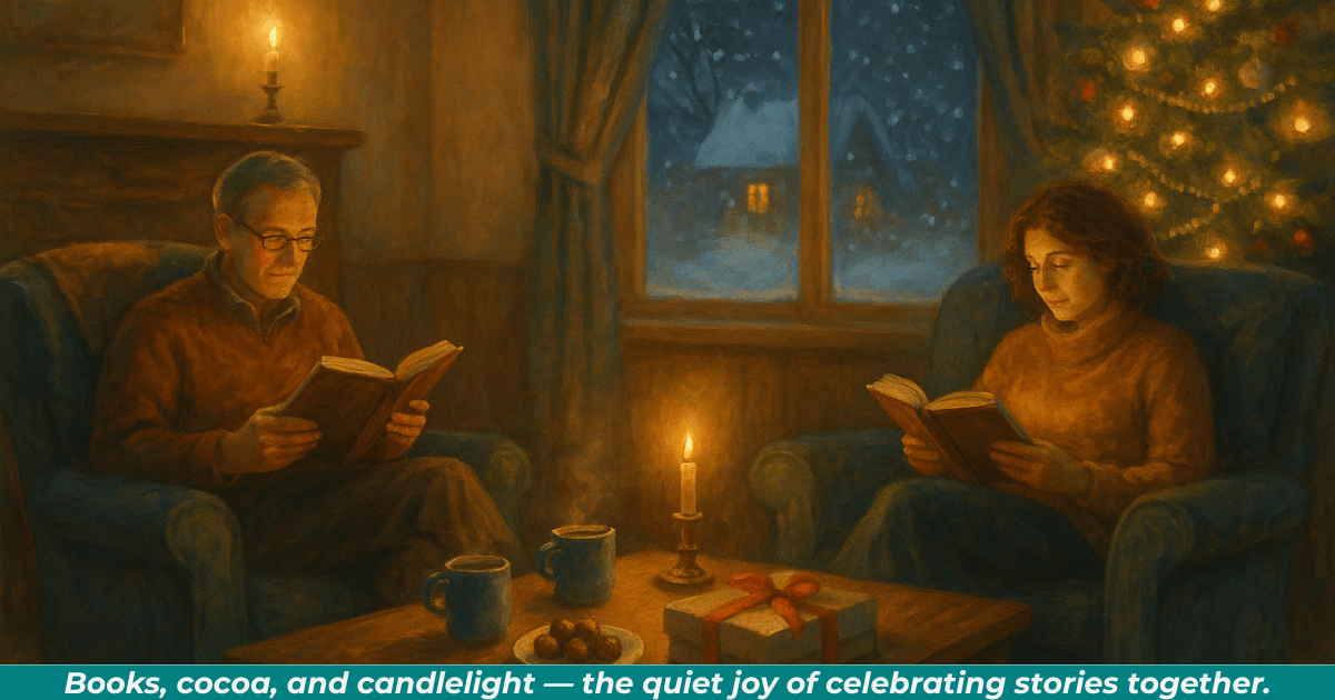 Two people reading by a fireplace on Christmas Eve with cocoa, chocolate, and a glowing Christmas tree, depicting Iceland’s modern Jólabókaflóð tradition.