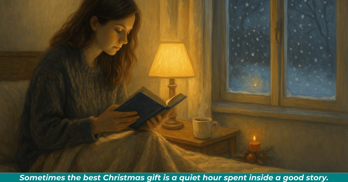 A person reading a book beside a softly glowing lamp and snowy window, capturing the peaceful spirit of Iceland’s Christmas Book Flood at home. 