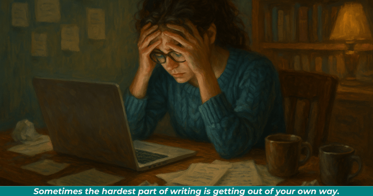 Frustrated author surrounded by notes and coffee cups, struggling to find inspiration.