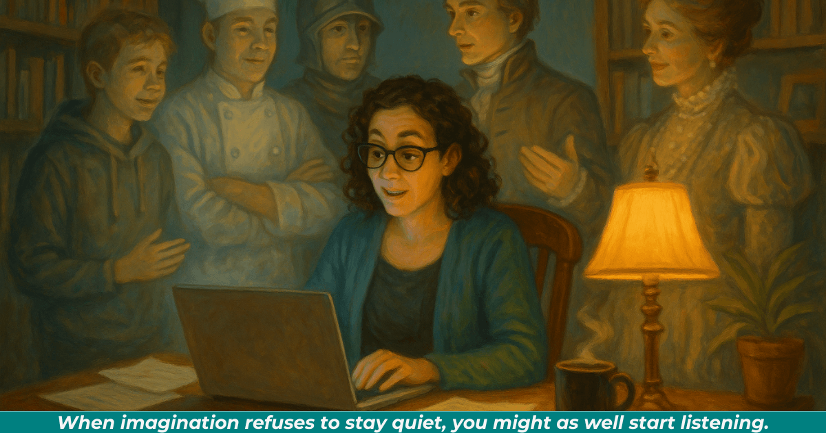 An authoress surrounded by translucent characters offering ideas, symbolizing imagination personified.