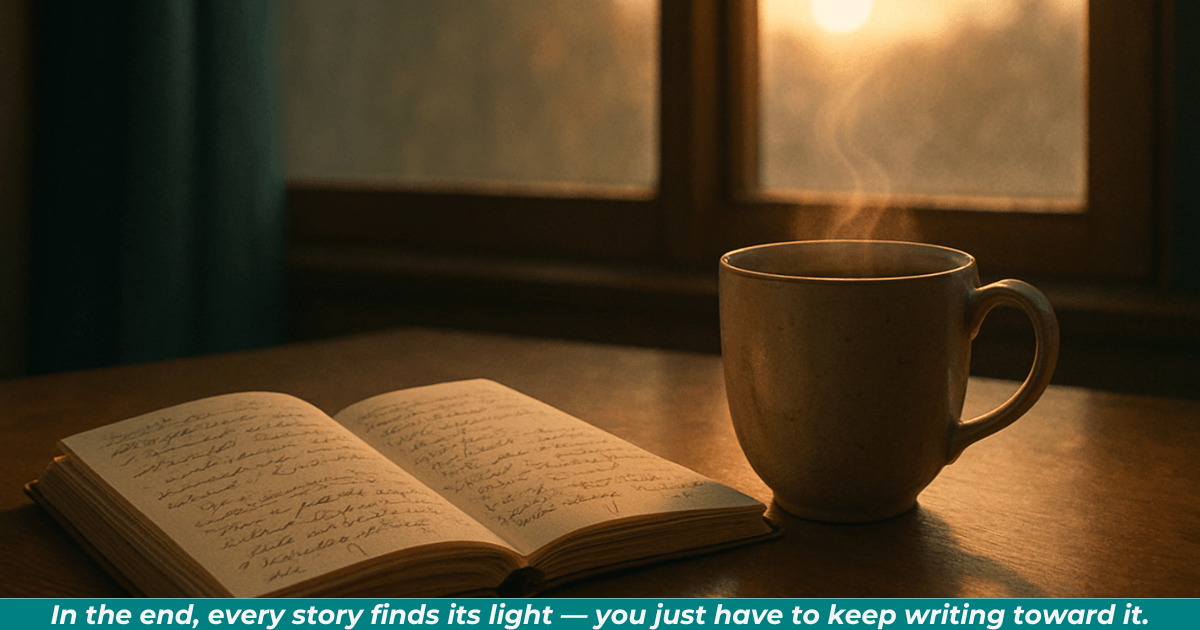 Morning sunlight over a notebook and coffee cup, symbolizing calm after creative struggle.