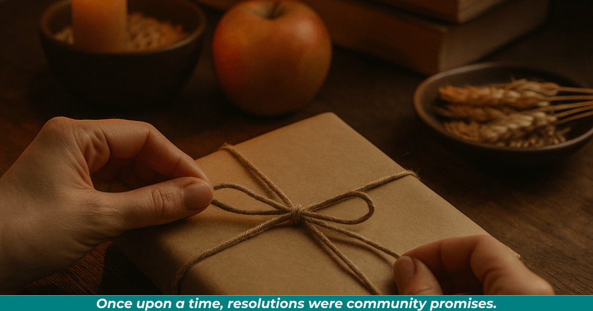 Hands wrapping a book with twine amid simple offerings, evoking early new-year vows.