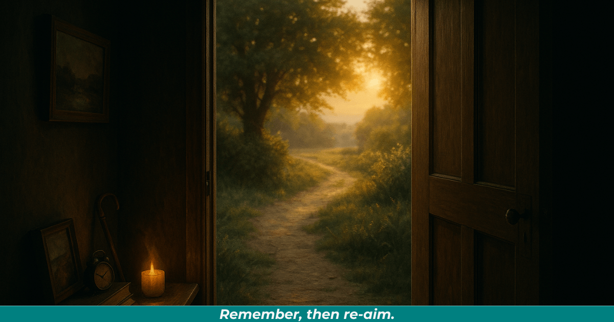 A doorway holding shadow and light, symbolizing looking back and stepping forward.