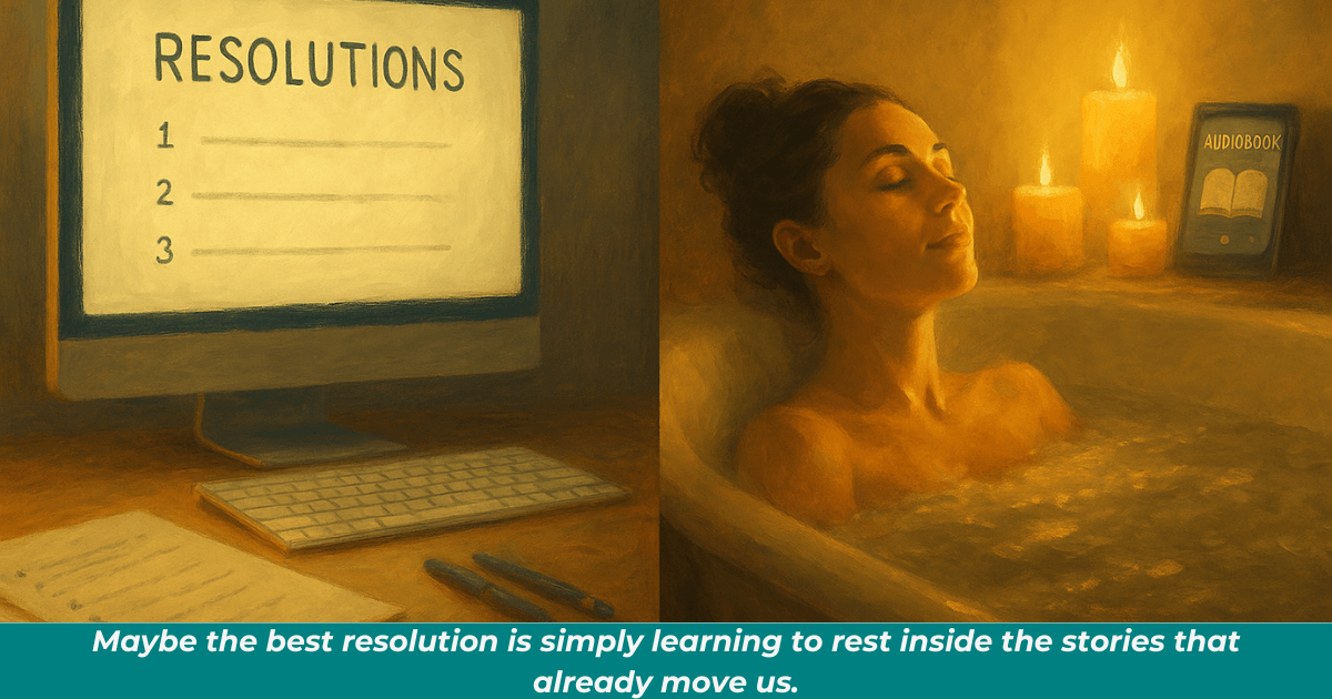 Split scene showing a resolution list on one side and a woman relaxing with an audiobook on the other, symbolizing the shift from pressure to peaceful ritual.