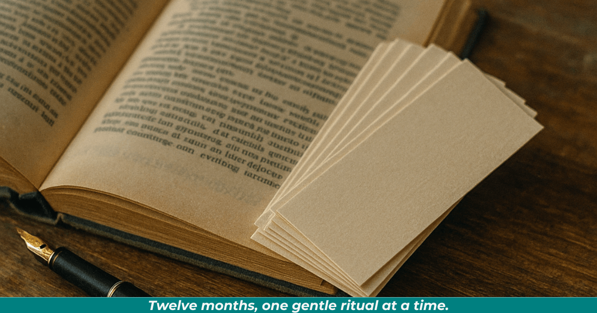 Stack of twelve numbered bookmarks beside an open book, representing monthly observances.
