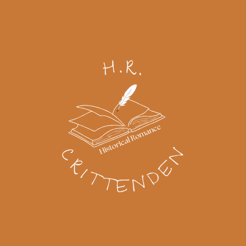 Logo of white image and letters on camel background. The initials "H.R." are arced downward over an open book with a white quill. The words "historical romance" reside angled along the book's base. And "Crittenden" is arced upward like a smile.