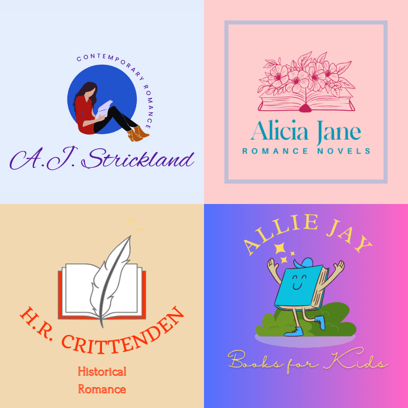 A large square with four logos quartered inside. Top left: "A.J. Strickland, Contemporary Romance" is written in purple around a woman in a red sweater, black leggings, and camel boots reading a book before a blue circle. Top right: "Alicia Jane, Romance Novels" is written in turquoise on a pink background. A lilac square contains it and a magenta-colored open book with a bouquet of flowers on top. Bottom left: Red letters that spell "H.R. Crittenden, Historical Romance" appear on a camel background. Above the words is an opened book with red cover, a white quill lay atop the book. Finally, bottom right: On a festive background of purple, lavender, and magenta is a teal book with a happy face, arms, and legs standing ahead of a green bush. Around the cheery book are the words "Allie Jay, Books for Kids."