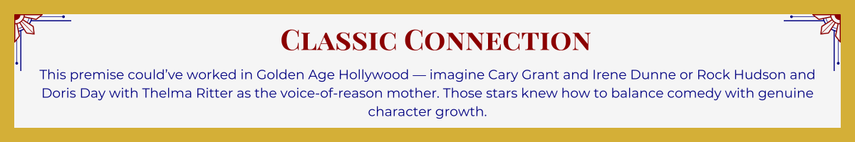 Gold-framed banner with Art Deco brackets in top corners. The banner reads: “Classic Connection: This premise could’ve worked in Golden Age Hollywood – imagine Cary Grant and Irene Dunne, or Rock Hudson and Doris Day with Thelma Ritter as the voice-of-reason mother. Those stars knew how to balance comedy with genuine character growth.”