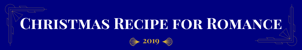 Basic banner of navy ground and very light gold art-deco brackets in the upper left and bottom right corners. In bolded pearl white, a movie title is written. This one says, “Christmas Recipe for Romance.” Beneath it, in gold, is the date (2019) the movie came out sandwiched between two gold art deco elements.