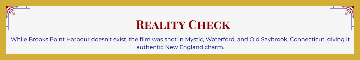 Gold-framed banner with Art Deco brackets in top corners. The banner reads: “Reality Check: While Brooks Point Harbour doesn’t exist, the film was shot in Mystic, Waterford, and Old Saybrook, Connecticut, giving it authentic New England charm.”
