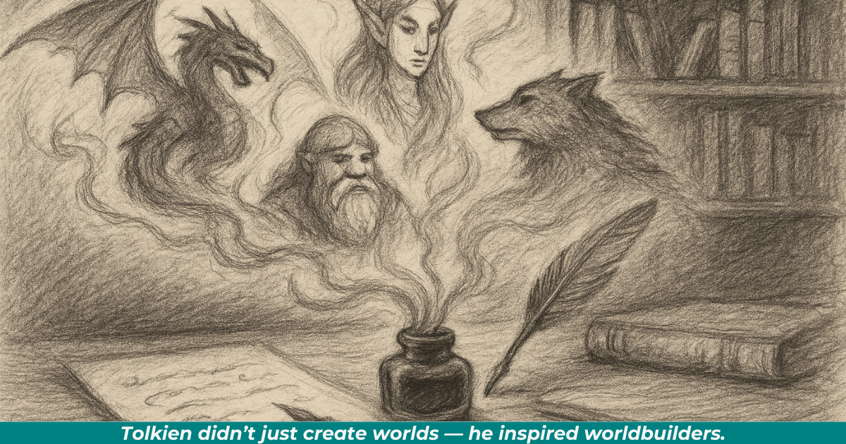 Creatures forming from ink strokes on a writer’s desk, symbolizing imagination sparked by Tolkien.