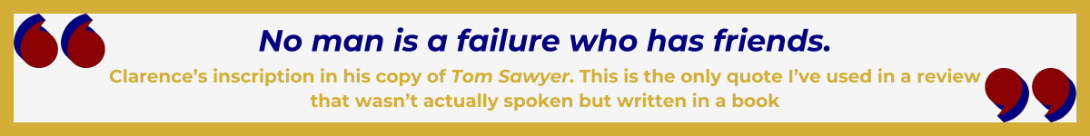 Gold-framed banner with Art Deco quote marks in top left and bottom right corners, done in red and shadowed in navy blue. The banner reads: “ 'Snails are just slugs with a trust fund' — Kate’s observation about escargot provides one of the few genuine laughs in this unfortunate production.”