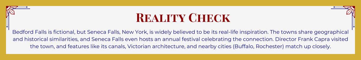 Gold-framed banner with Art Deco brackets in top corners. The banner reads: “Reality Check: Pine Rive doesn't appear to be a real California location, though there is a place called River Pines in Amador County, near Fiddletown.”