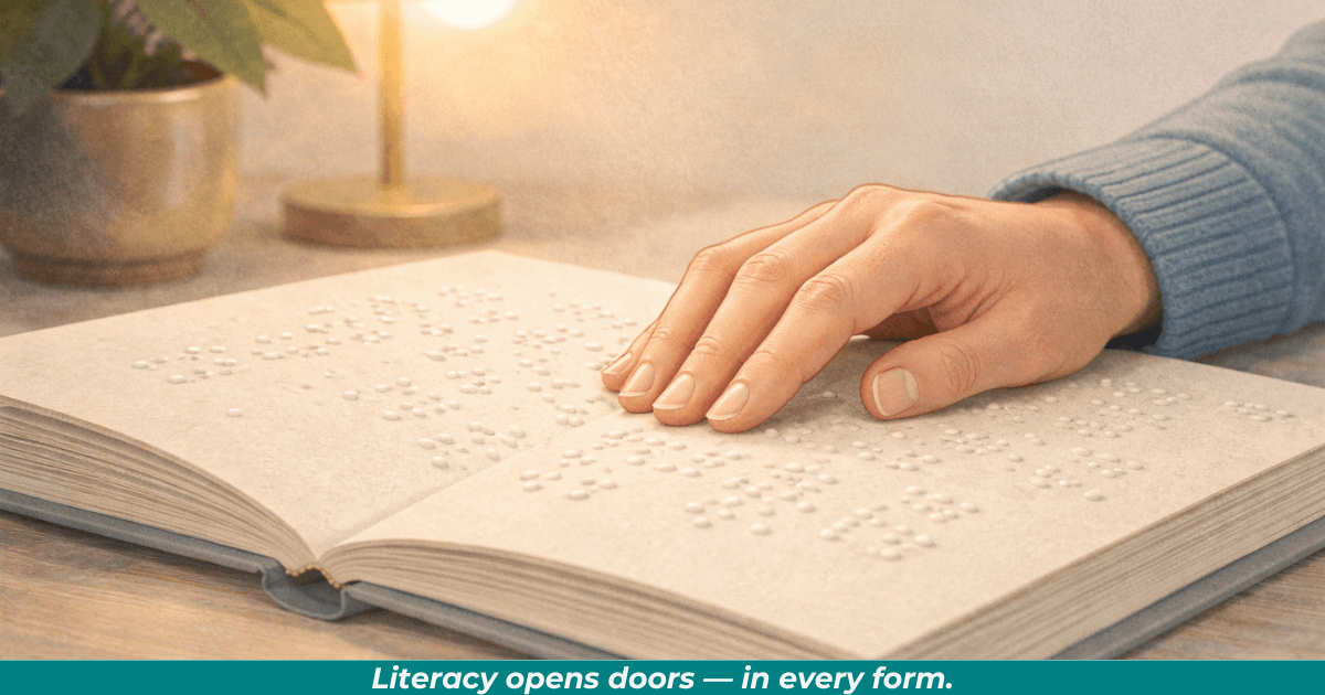 Hand reading a Braille book, symbolizing accessible literacy.