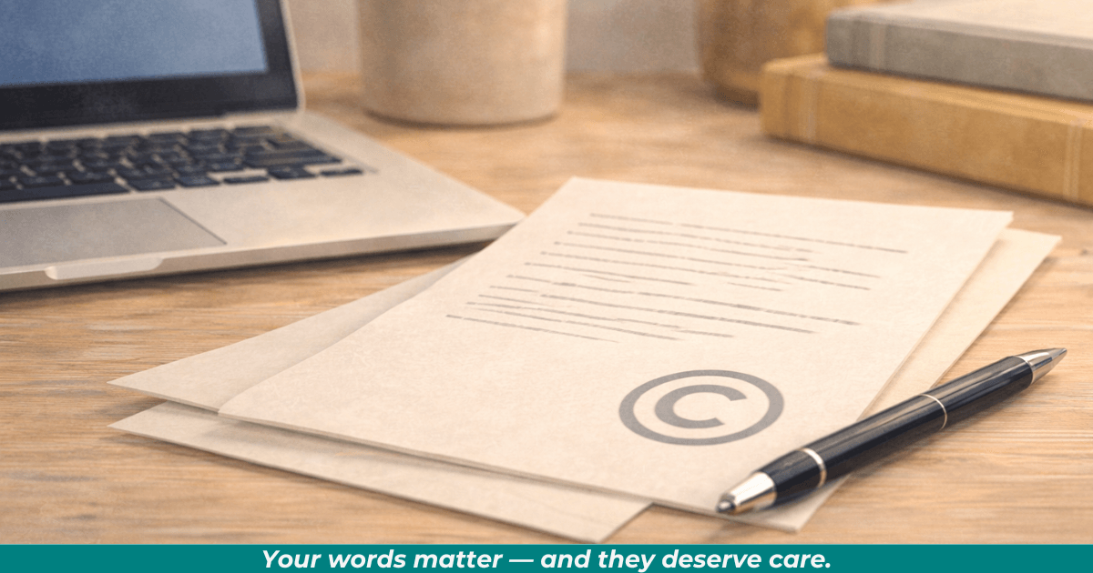 Manuscript and laptop representing copyright protection for writers.