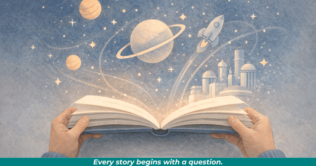 Reader with futuristic imagery emerging from a book.