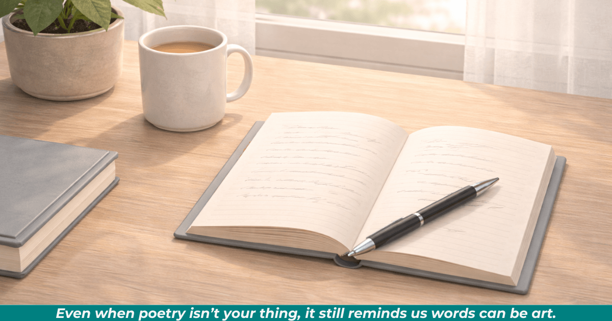 A quiet workspace with an open notebook and mug, suggesting poetry and reflection. 