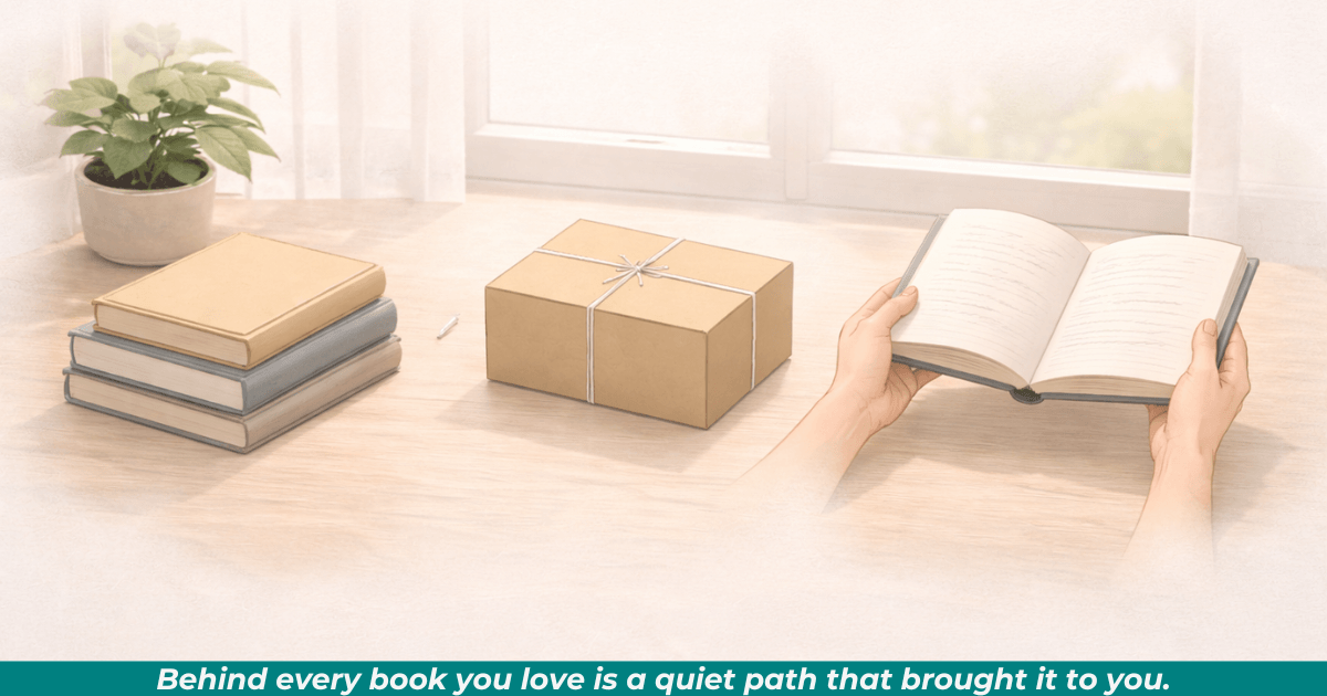 Books shown moving from a parcel to a reader’s hands, symbolizing how publishing brings stories to readers.
